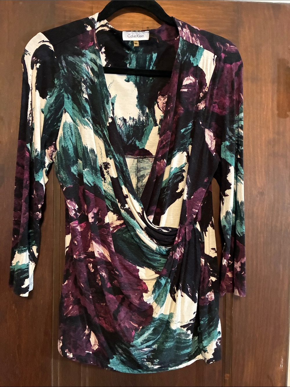 Calvin Klein Long Sleeve Abstract Wrap-Front Dress in Teal, Plum & Cream
